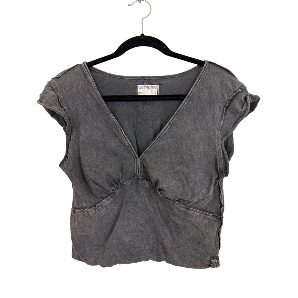 We The Free People Cropped V-Neck Top Sz Large Short Sleeve Gray Washed Out